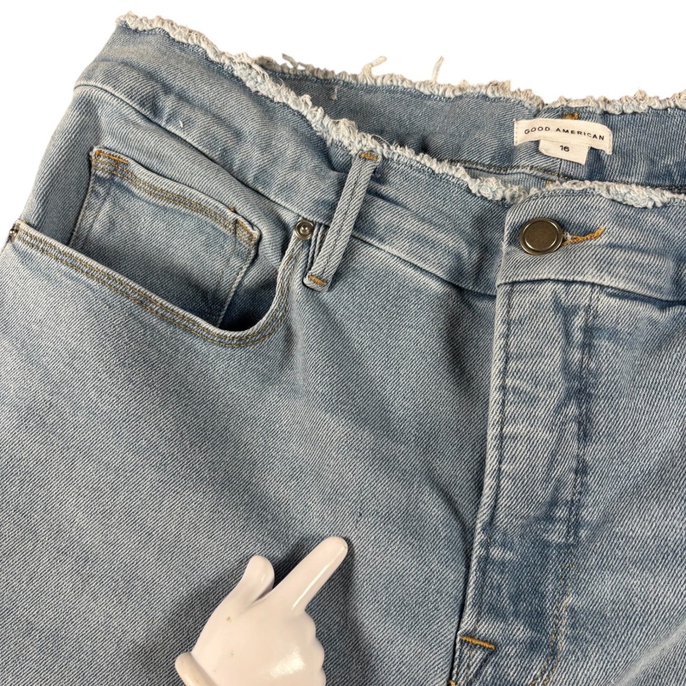 Good American Light Wash High Rise Flare Jeans Raw Hem Sz 16 Blue Denim festival - Picture 4 of 10